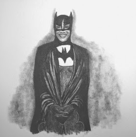 Person dressed as Batman with a mask and cape, smiling, standing with hands clasped, in black and white drawing.