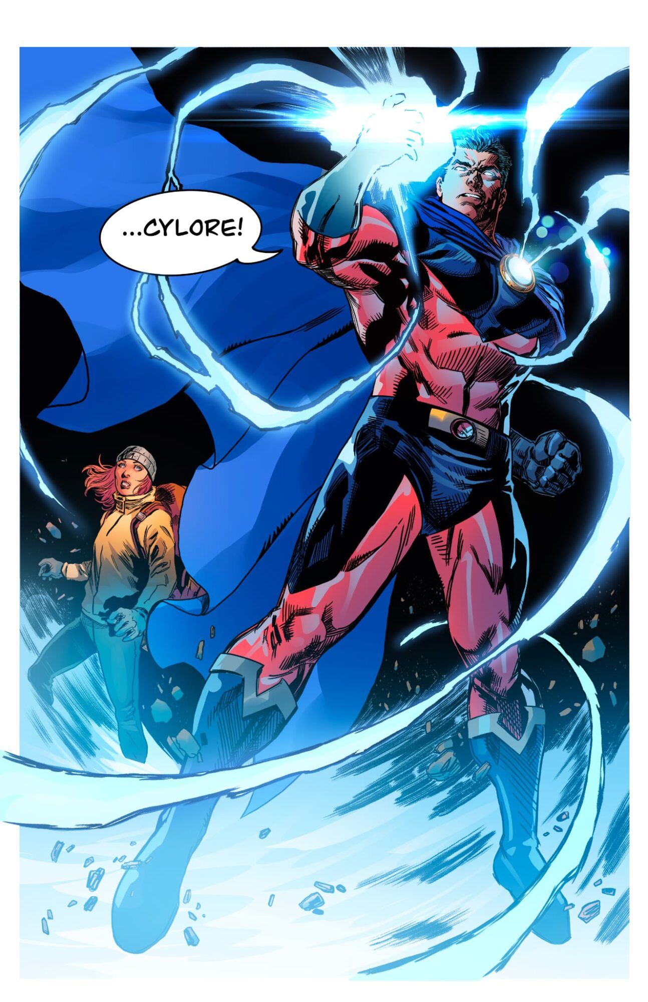 Superhero with glowing hands and lightning effects, shouting 'Cylore!', with a woman in the background, in a dynamic scene.