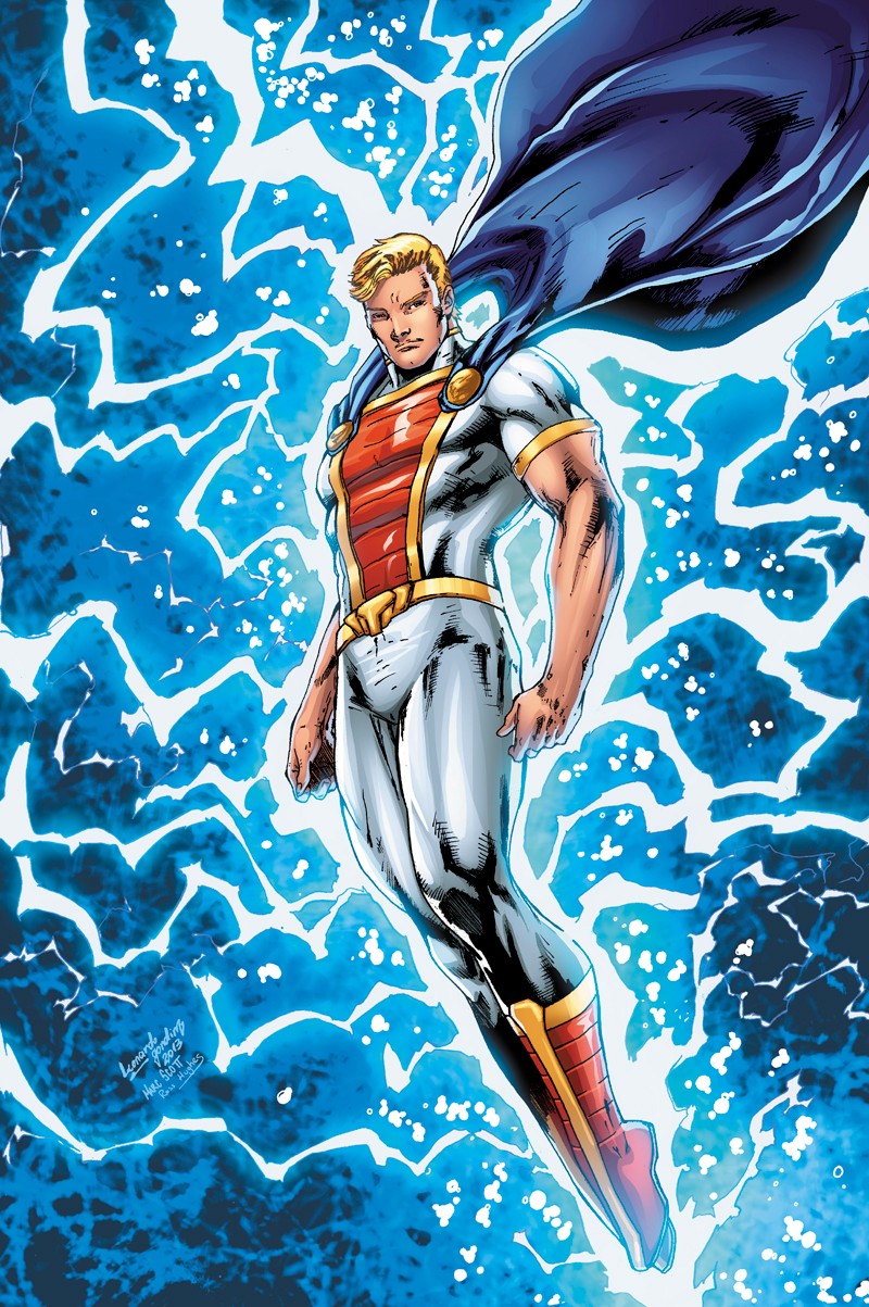 A superhero with blonde hair, wearing a red, white, and gold costume, stands with a dark cape, surrounded by blue lightning.