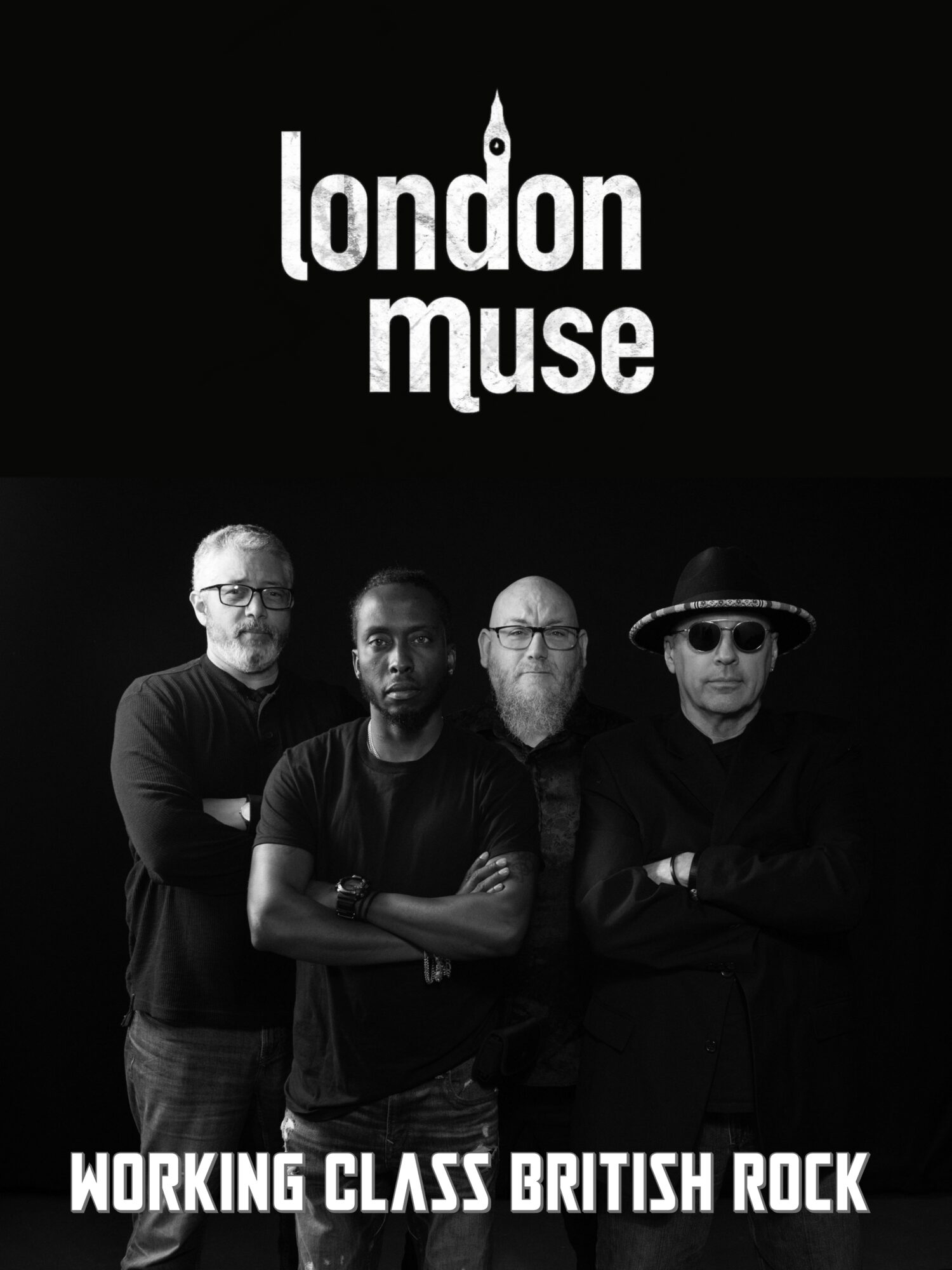 Four men standing with arms crossed, black background, text reads 'London Muse' and 'Working Class British Rock'.