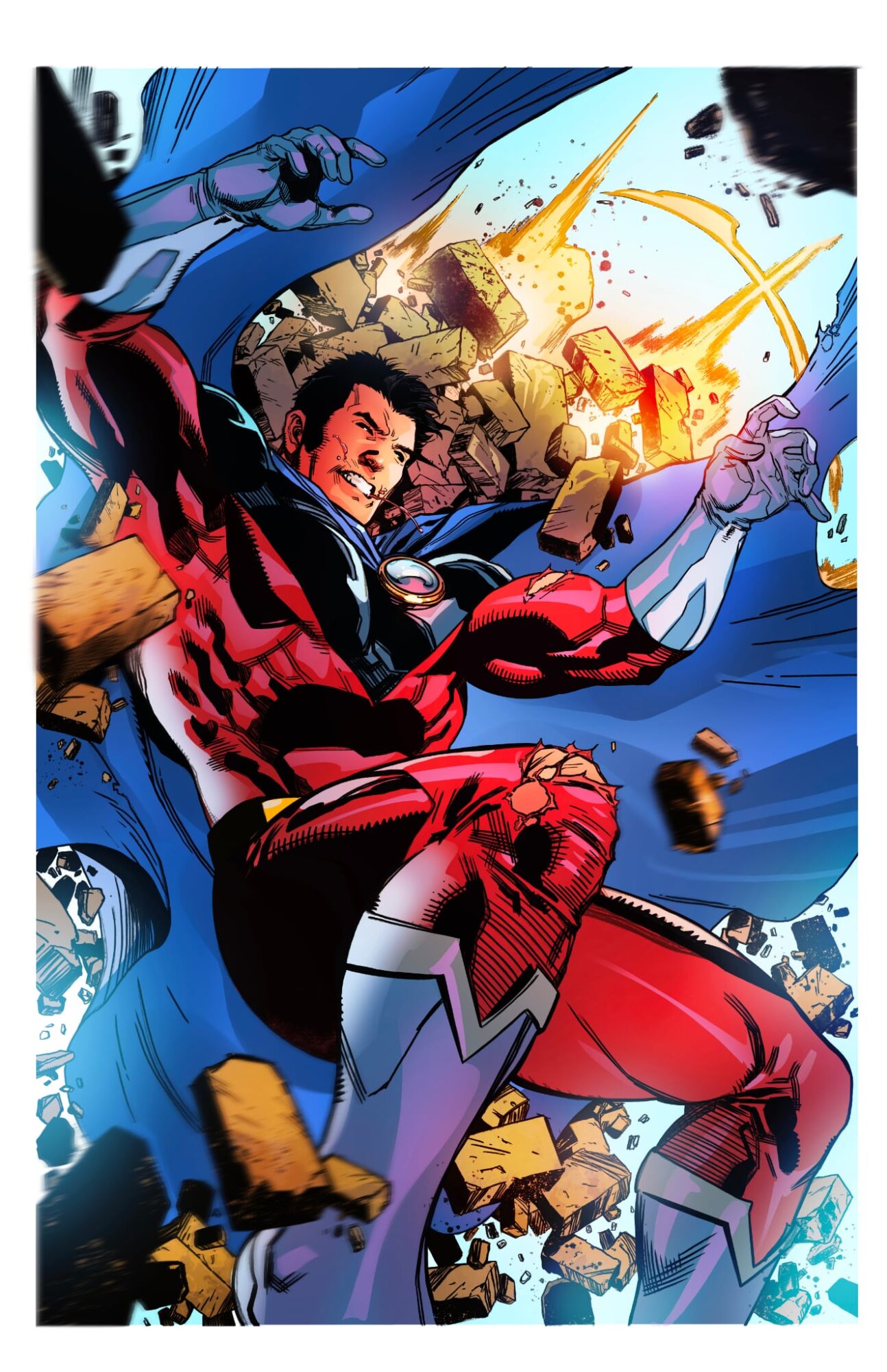 Spider-Man swinging through debris with a determined expression, background with explosions and flying rocks.
