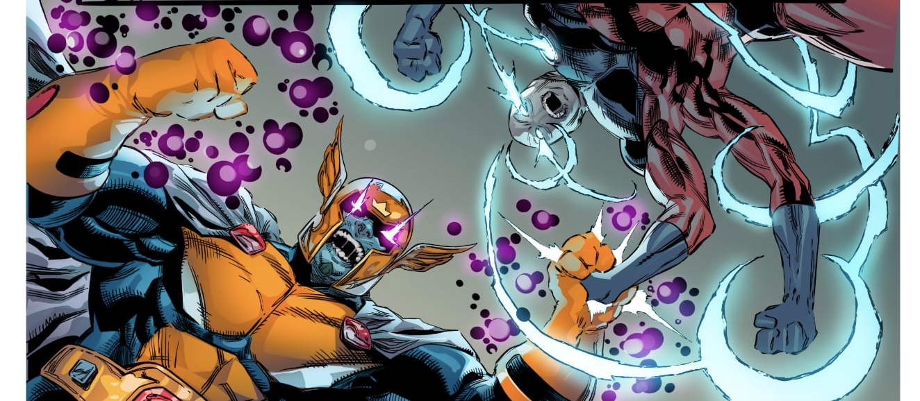 A futuristic scene with a person in a helmet and armor, surrounded by glowing energy and abstract elements.