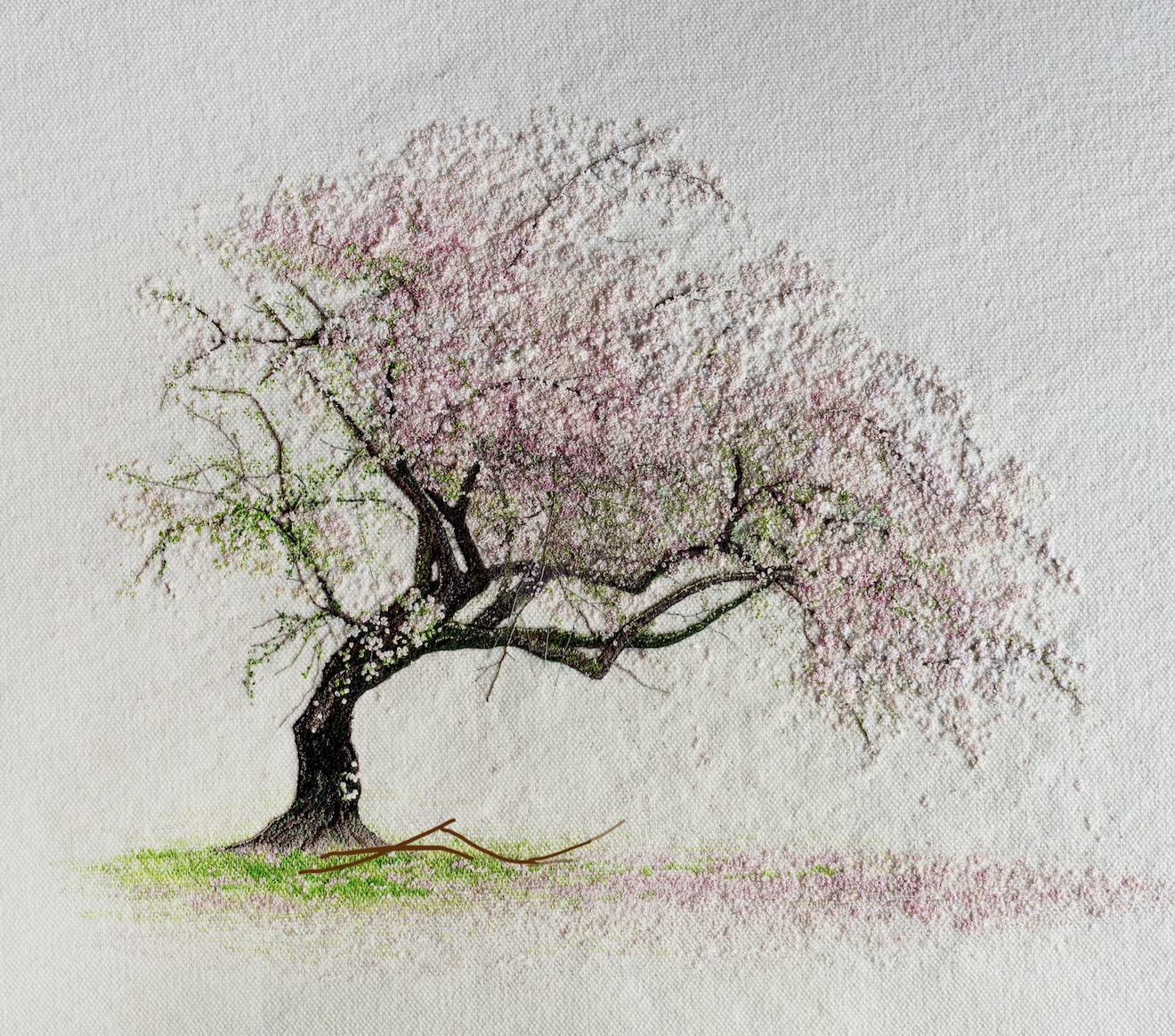 A watercolor painting of a blooming cherry blossom tree with pink flowers and a curved trunk on grass.