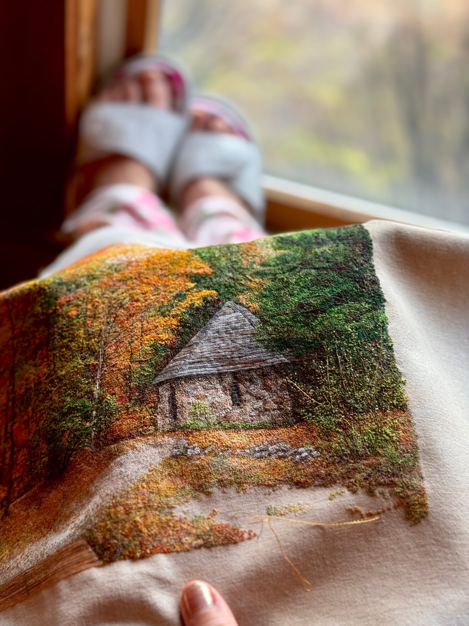 Person sitting by a window with a blanket featuring a painting of a house surrounded by trees in autumn.