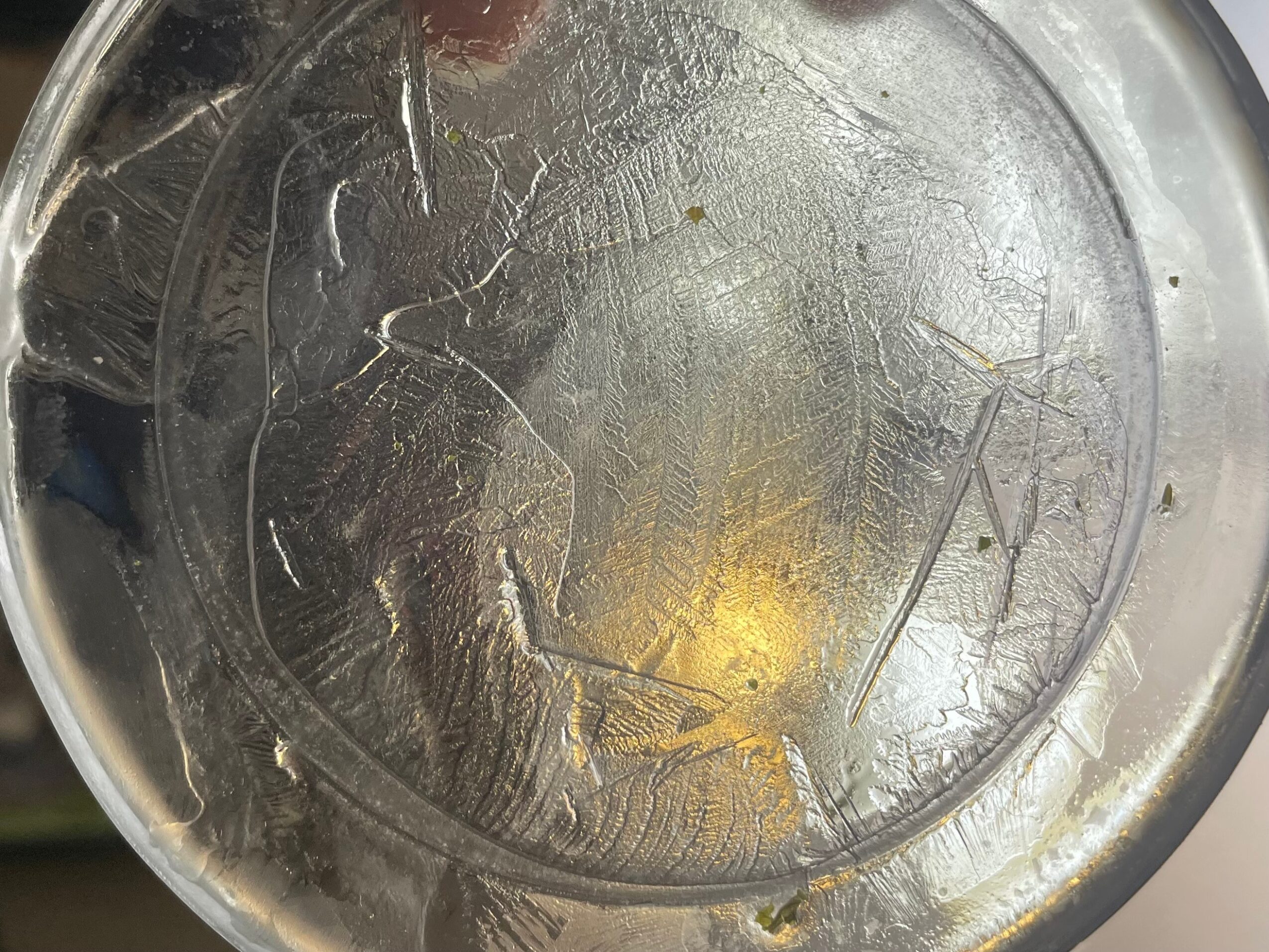 Close-up of a scratched, transparent glass surface with a yellowish reflection, showing wear and tear.