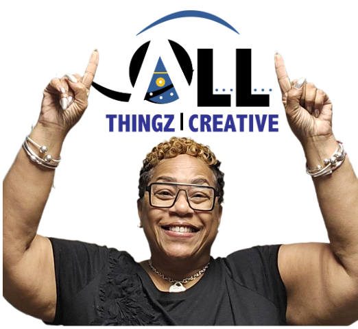 Smiling person with glasses and jewelry pointing upward with both hands, black background, logo above head, text reads 'THINGZ CREATIVE'.