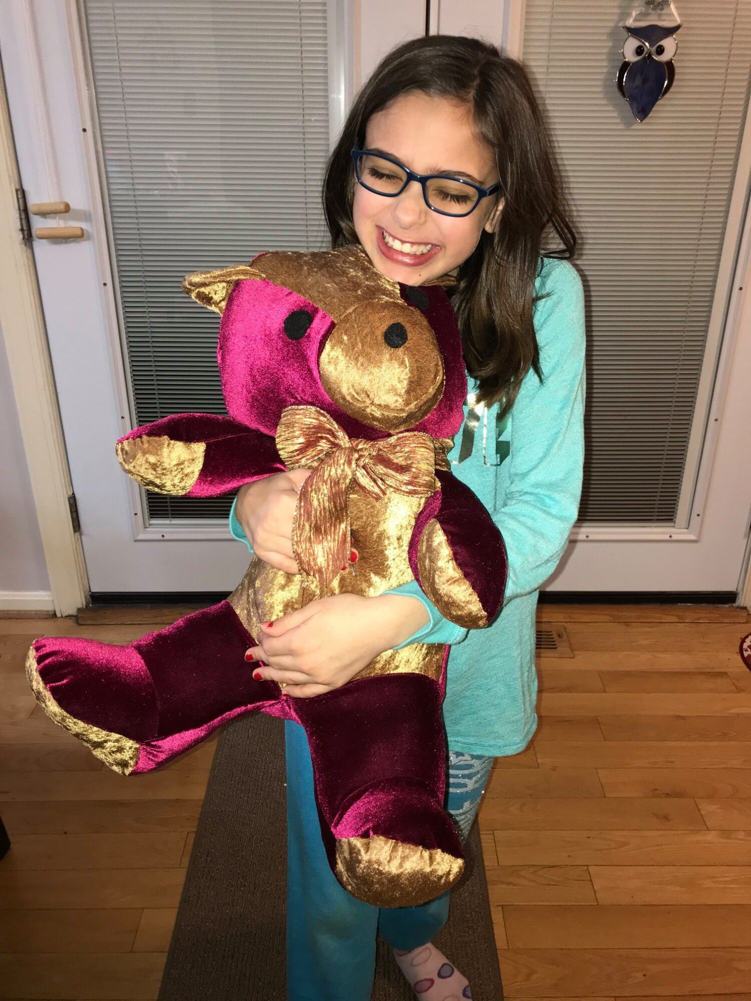 Girl with glasses holding a large pink and gold teddy bear, smiling indoors.
