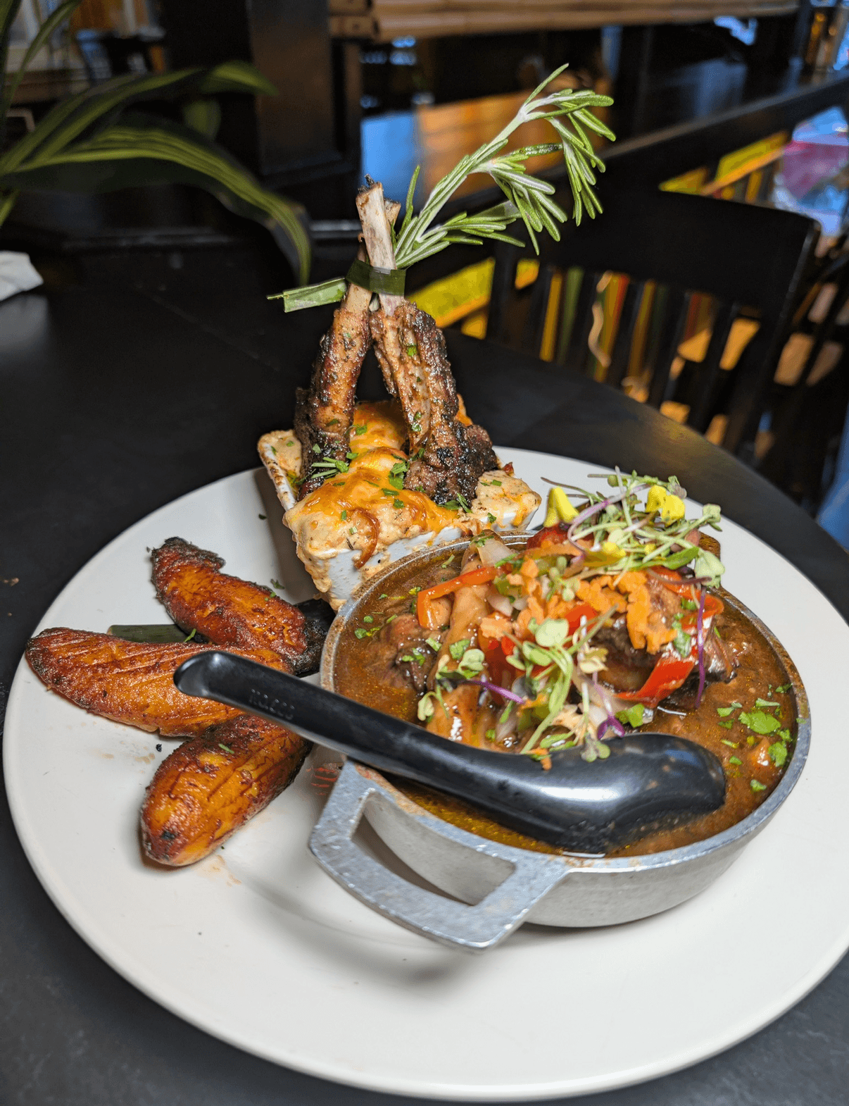 Plate with grilled meat, roasted plantains, and a vegetable salad garnished with herbs on a white dish.