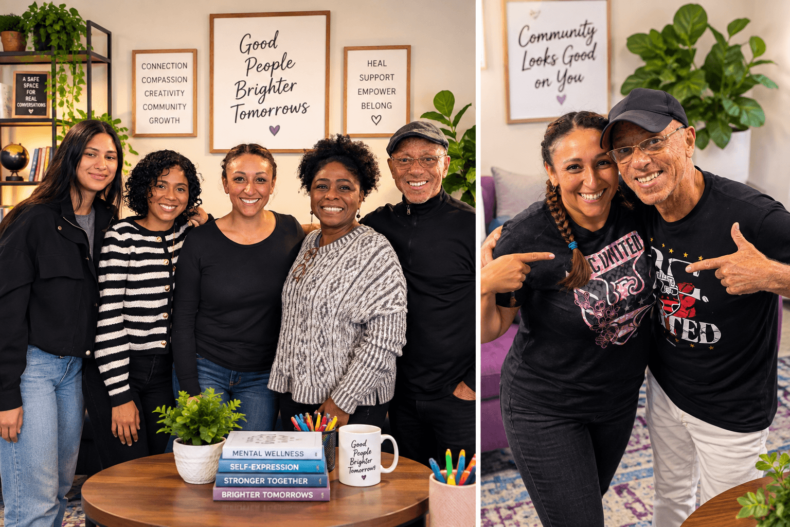 Group of five diverse people smiling indoors, with framed quotes and a plant in the background, standing around a table with books and a mug.