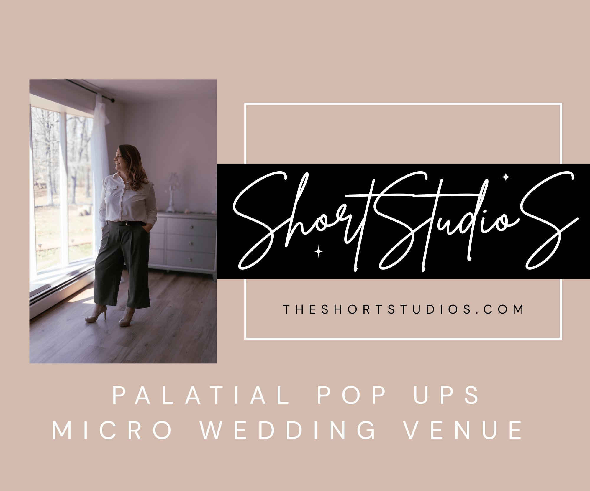 Woman standing by window in a room with light-colored walls and wooden floor, looking outside, with text about Short Studio S and wedding venue.