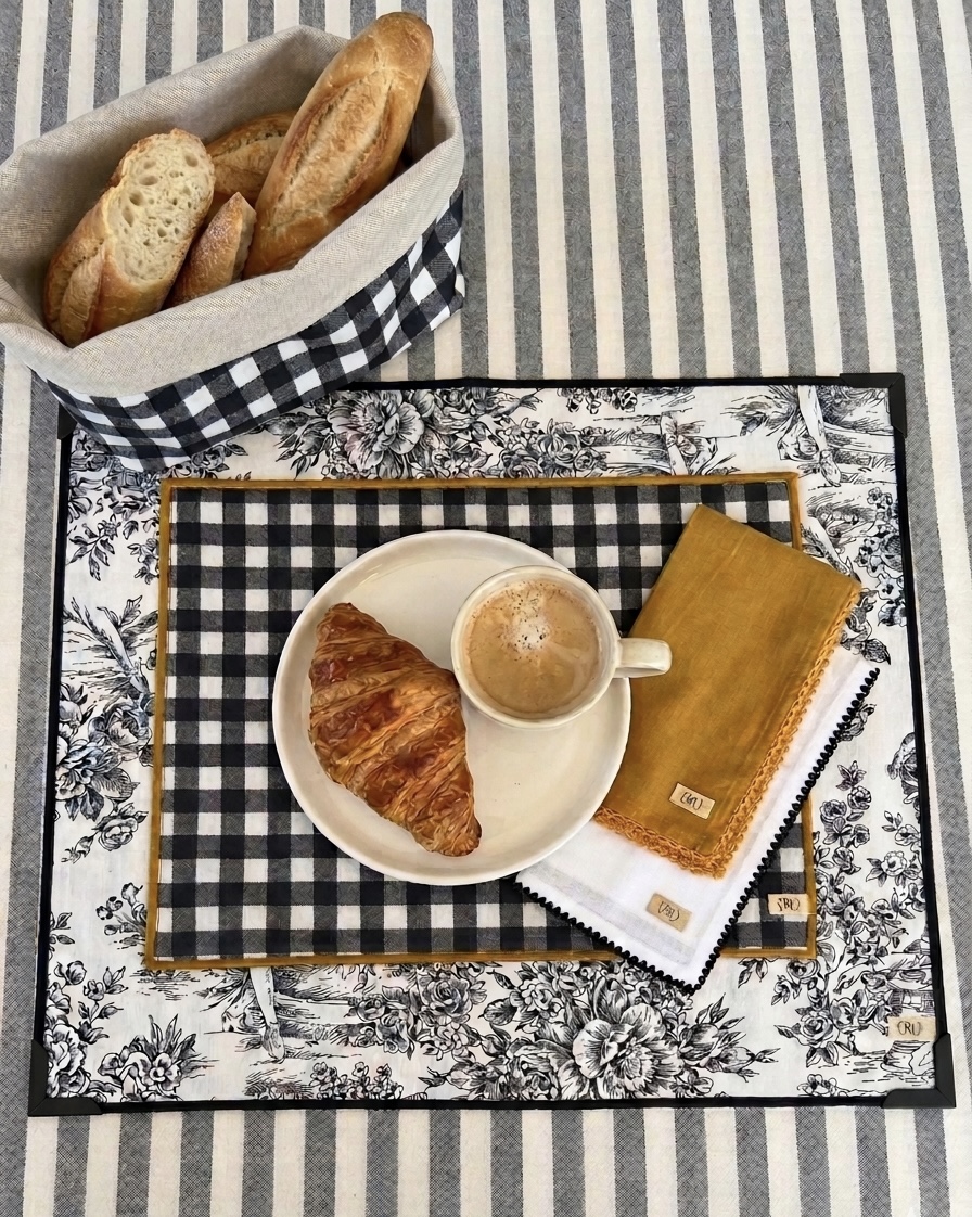 A breakfast setup with a croissant, coffee, and a yellow napkin on a checkered placemat, on a floral tablecloth.