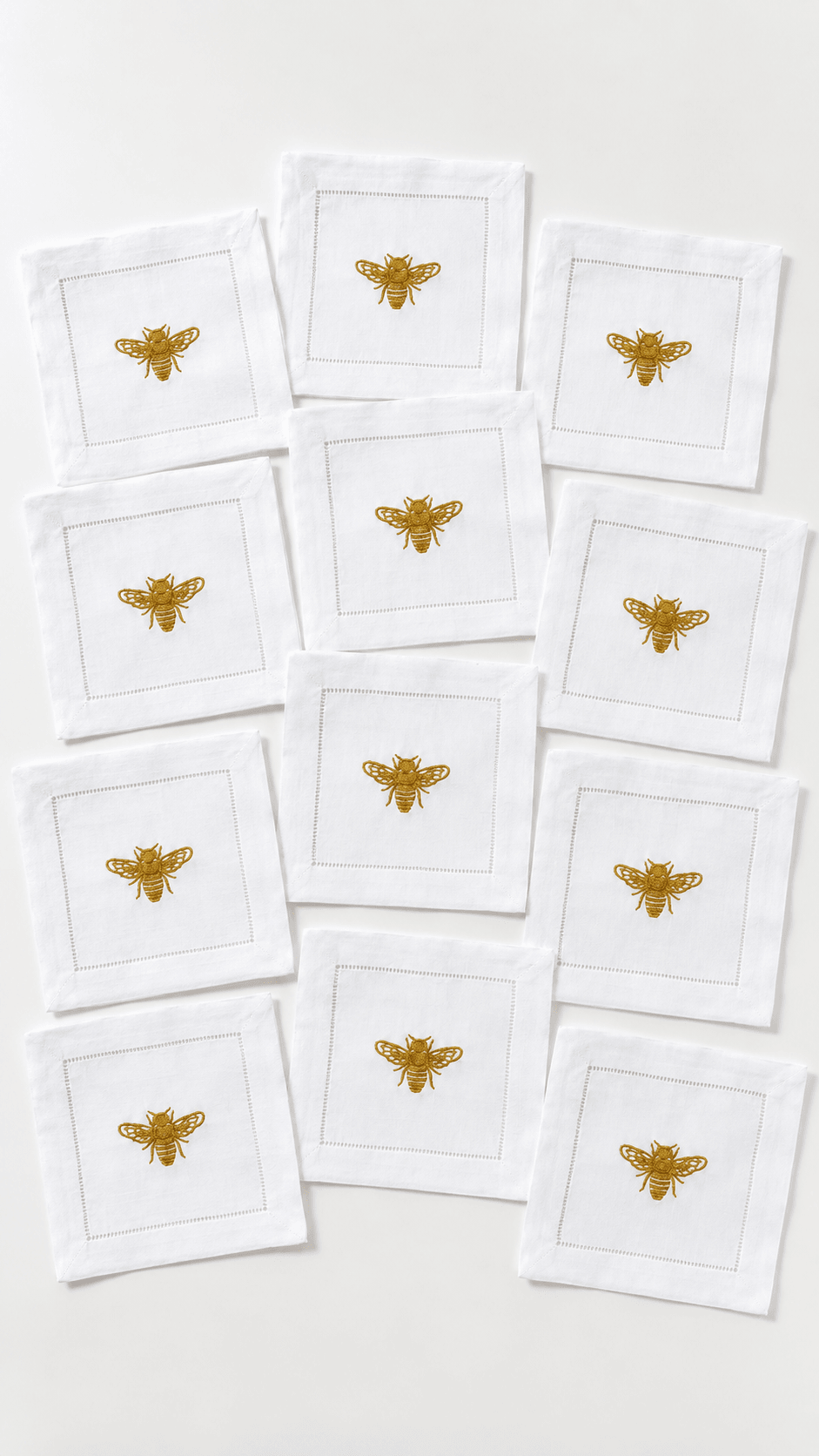 Ten white square cards with gold bee illustrations arranged on a white background.