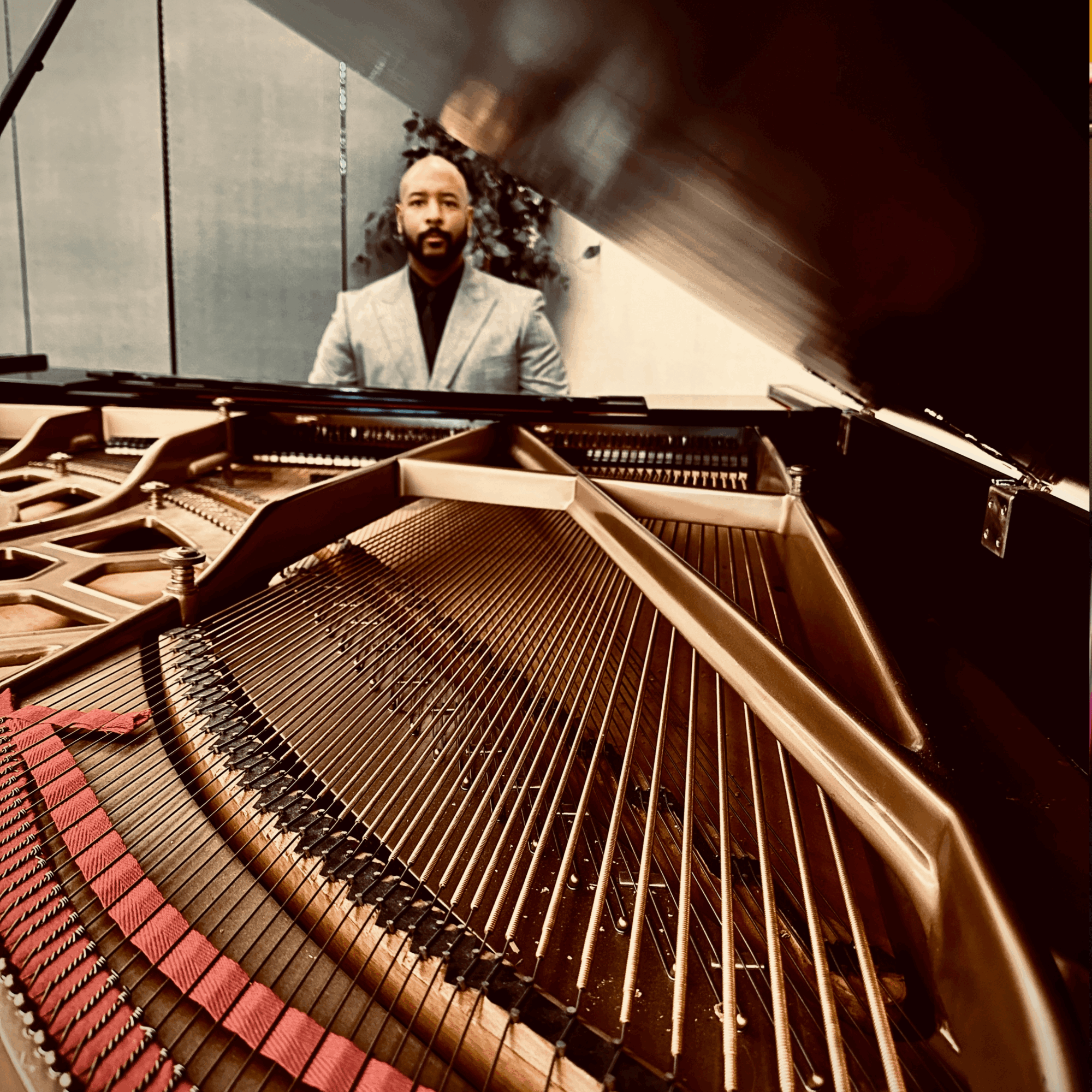 Person with beard and gray blazer sitting behind a grand piano, with piano strings and interior visible.