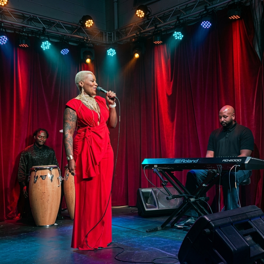 A woman in a red dress sings into a microphone on stage with two musicians, one playing conga drums and the other on keyboard, against red curtains and colorful stage lights.