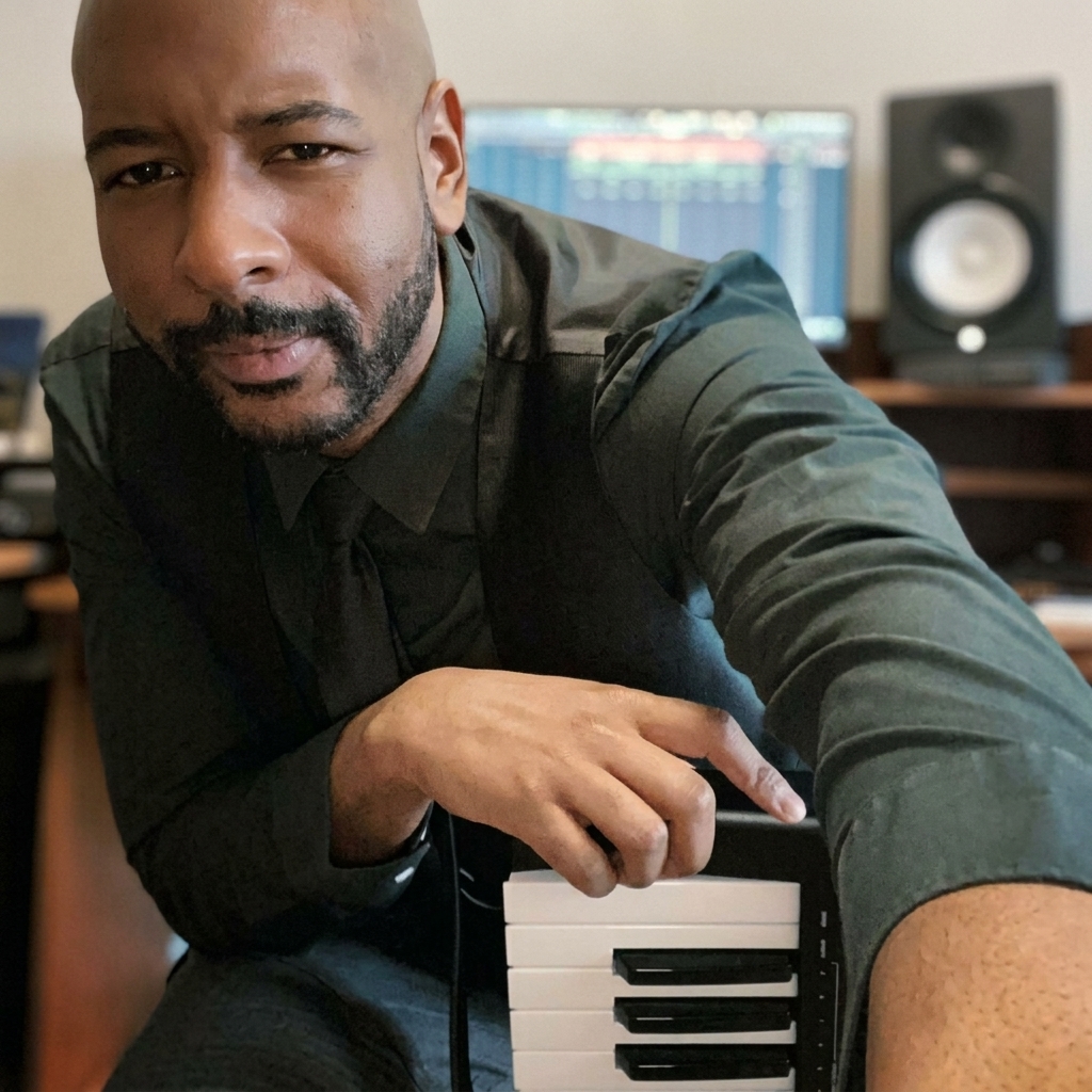 Man with a beard taking a selfie in a music studio, with a keyboard and speaker in the background.