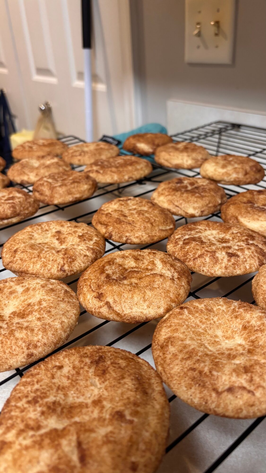 Multiple freshly baked cookies on a cooling rack in a kitchen, with a cat sitting in the background.