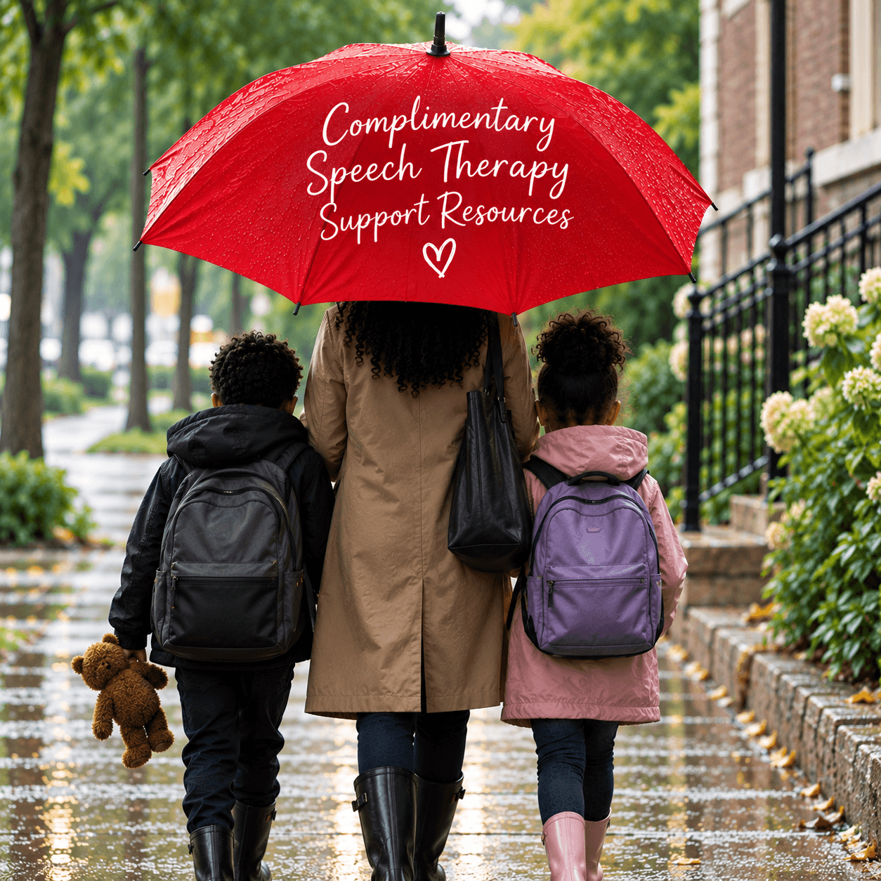 Person walking with two children under a red umbrella on a sidewalk, trees and flowers nearby.