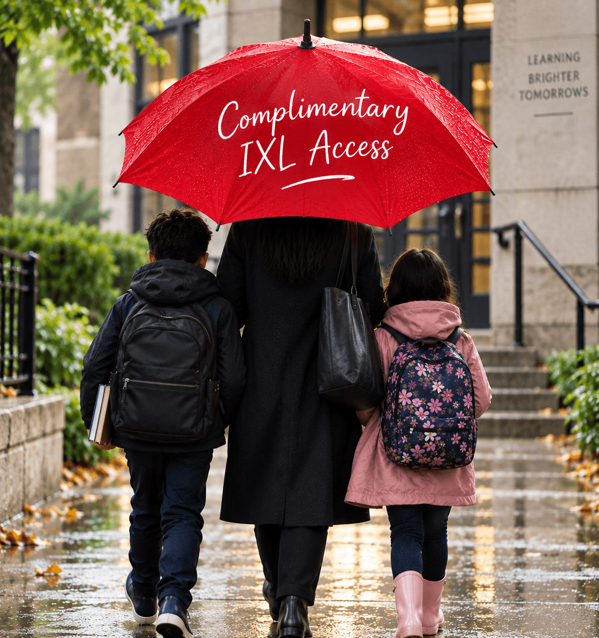 Person walking with two children under a red umbrella on a rainy day, wet pavement, building in background.