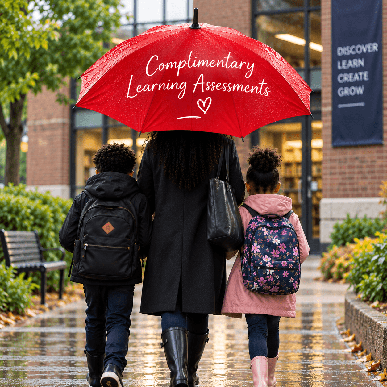 Person walking with two children under a red umbrella with white text, on a rainy day outside a building.