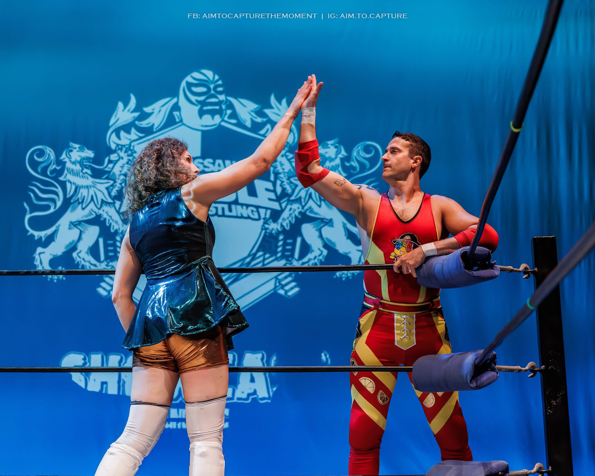 Two female wrestlers high-five in a wrestling ring with a blue background and a lion emblem.