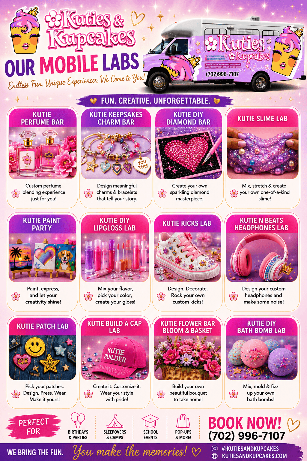 Pink and purple Katies & Kamps cupcakes-themed mobile lab vehicle with colorful graphics and text, parked outdoors.