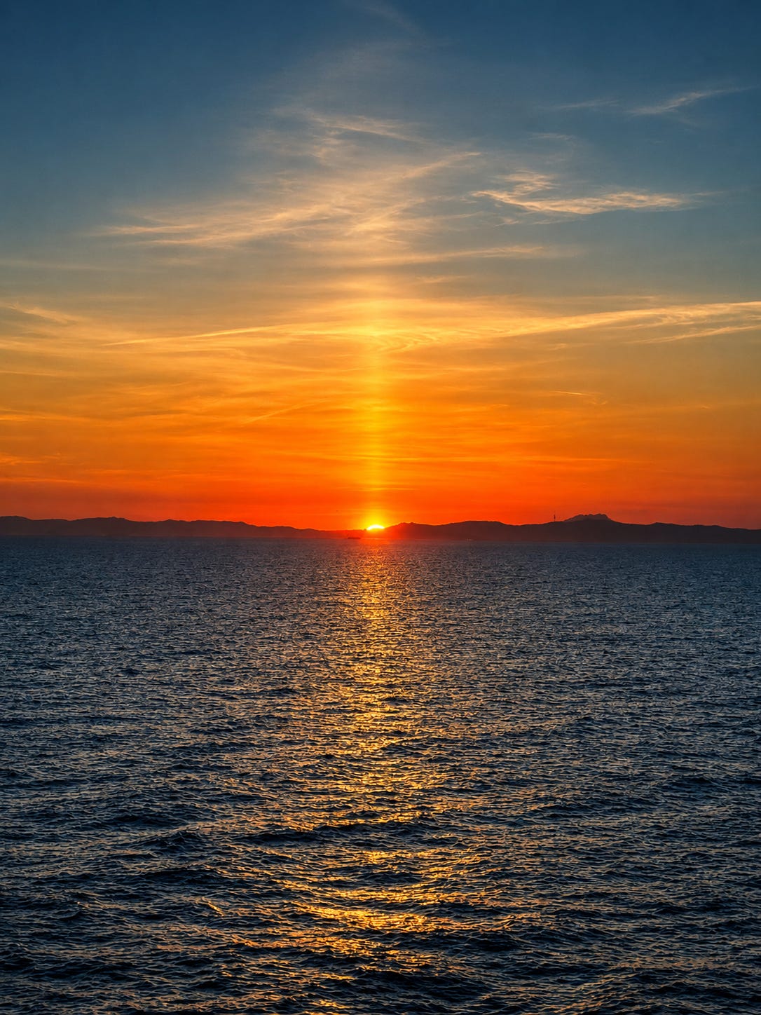Sunset over water with colorful sky and horizon, warm glow reflecting on the surface.
