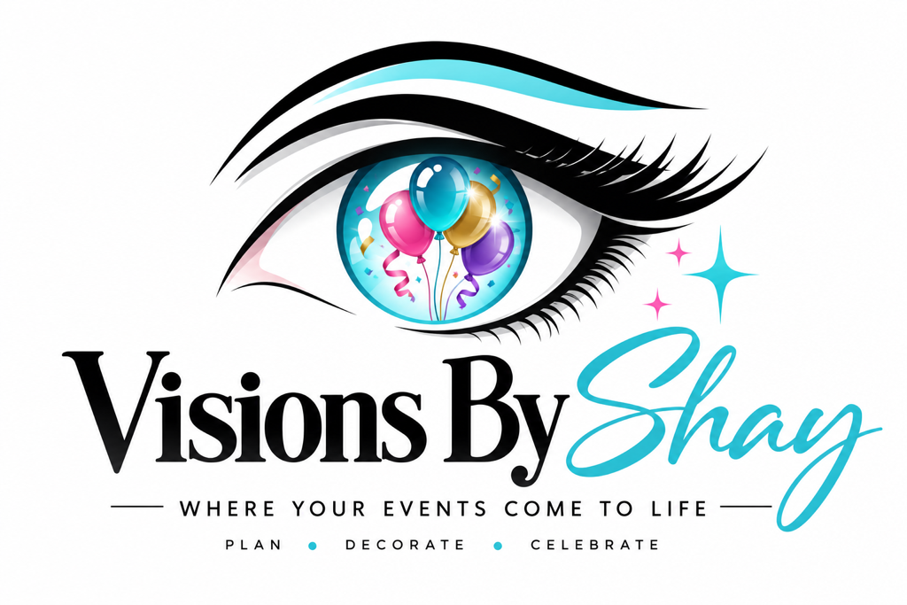 Logo with an eye, colorful balloons inside the iris, and text 'Visions By Shays' with a tagline below.