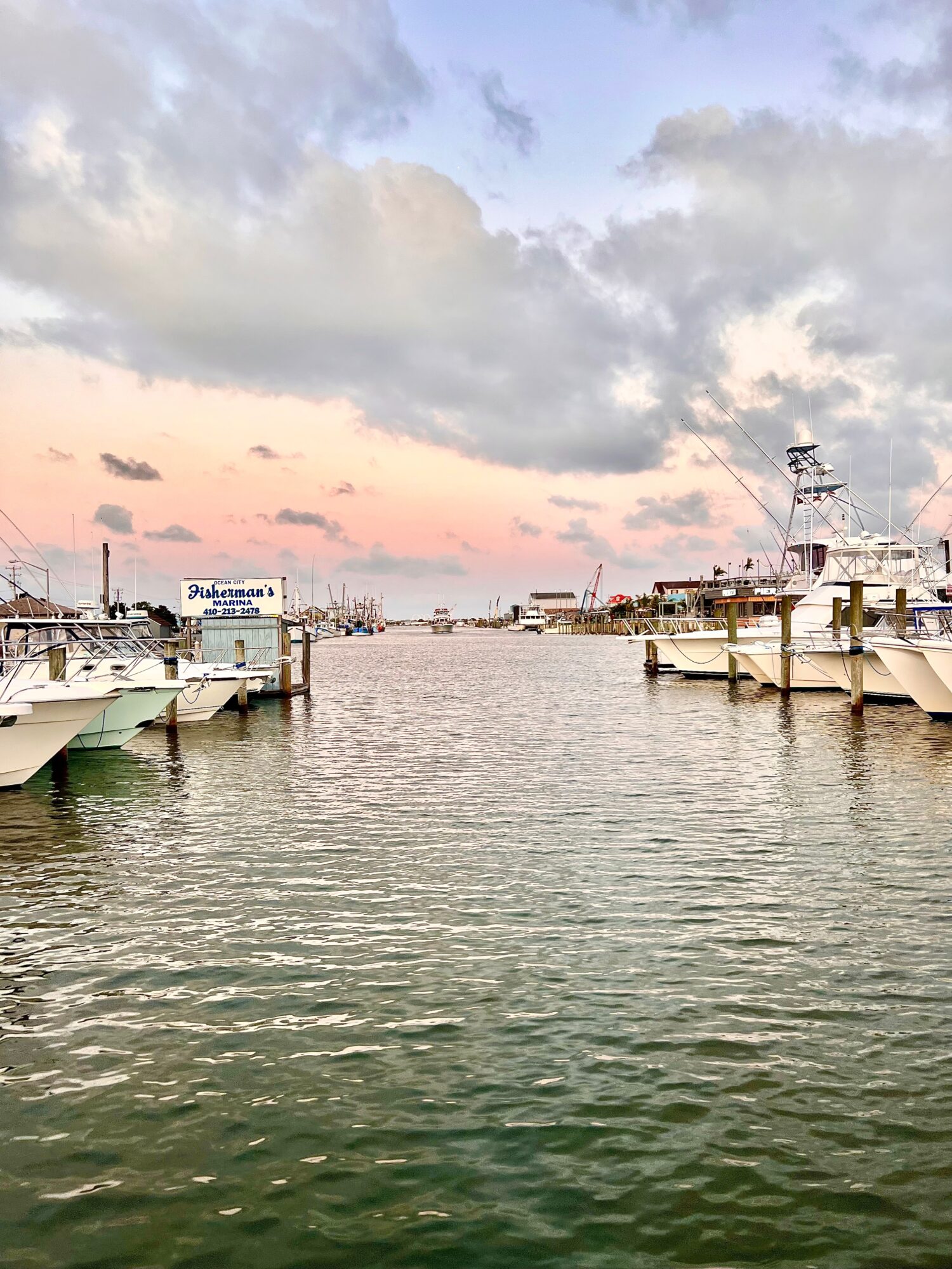 Marina with boats docked on both sides, calm water, cloudy sky with pink and blue hues, and a distant horizon.