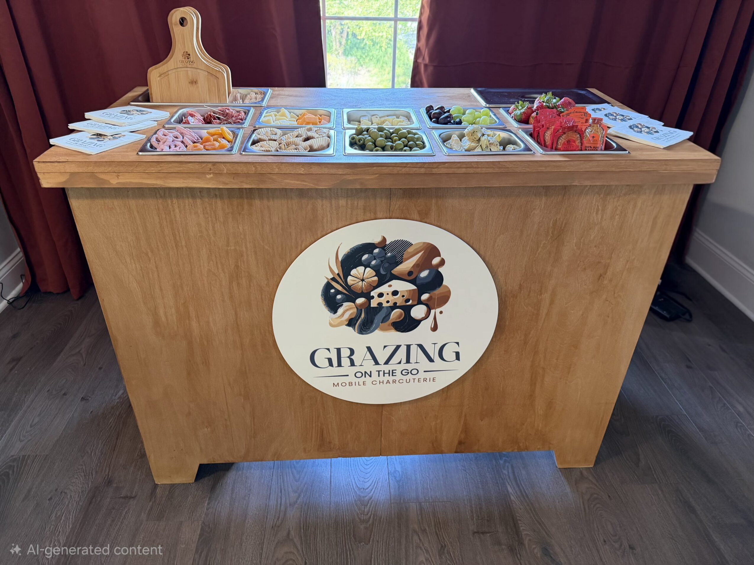 Wooden table with various food items and a circular logo reading 'Grazing on the Go' with cheese and crackers, in a room with curtains.