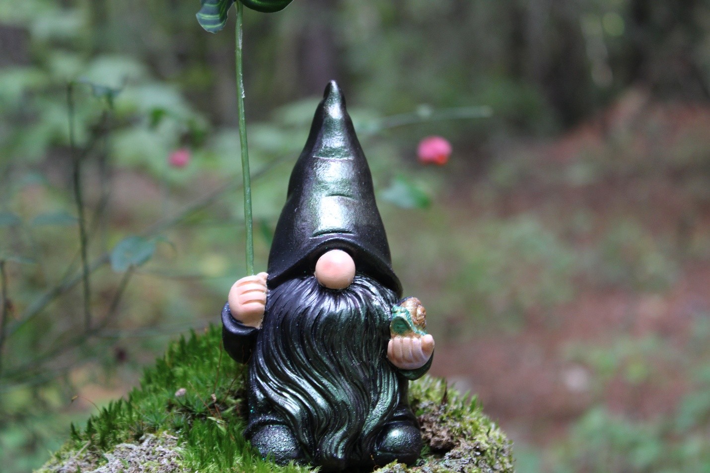 Small gnome figurine with a tall, pointed hat and long hair, sitting on moss in a garden.