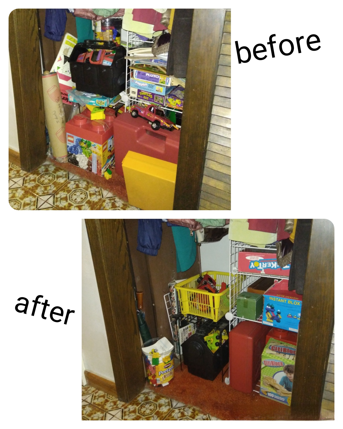 Cluttered storage area with toys, boxes, and household items before and after cleaning, showing organized space after cleaning.