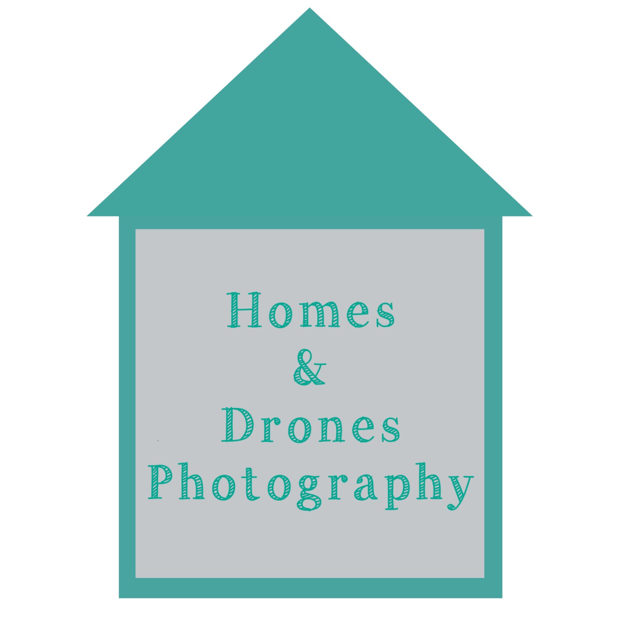 A house-shaped graphic with text reading 'Homes & Drones Photography' inside a gray square, teal roof, and border.
