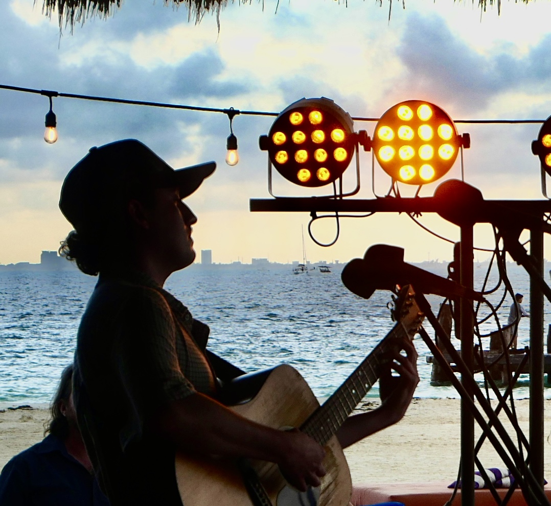 Silhouette of a person playing guitar near water with stage lights and a cloudy sky.