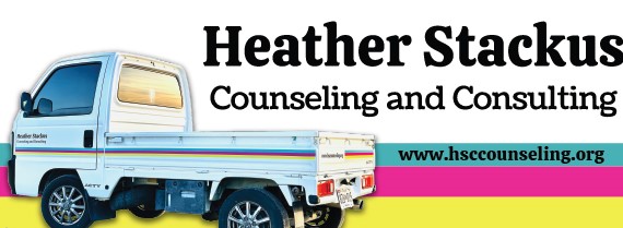 Business card with a small truck, text with name and website, colorful background, and contact information.