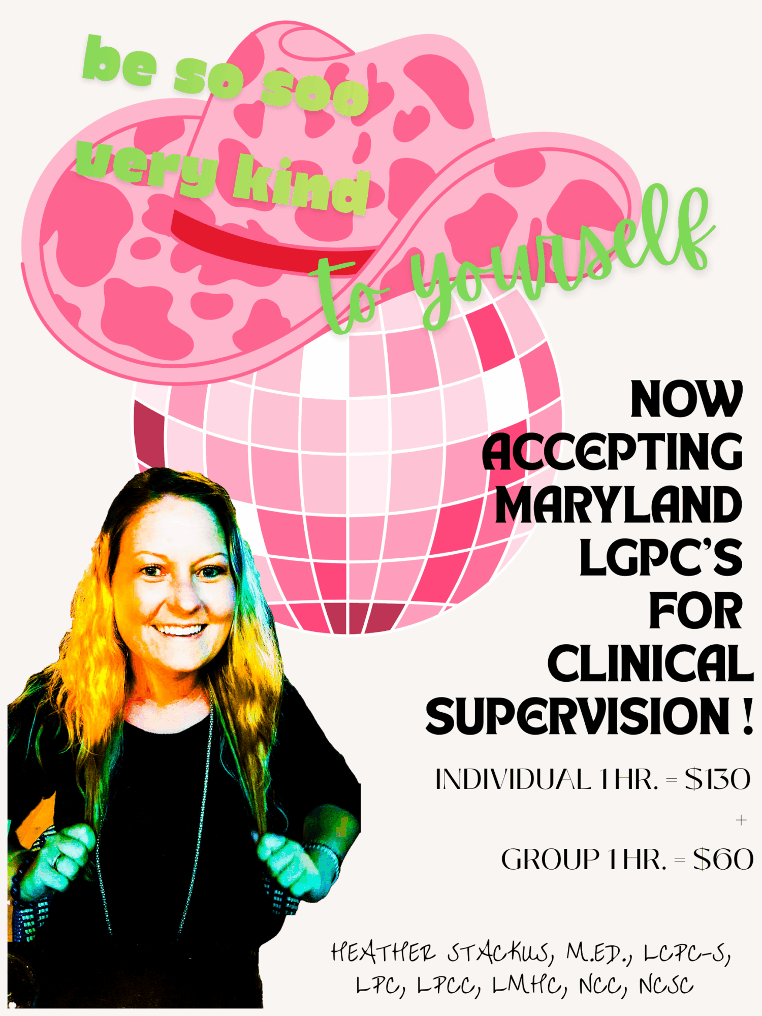 Poster with pink hat, smiling woman, and text about Maryland LGPC clinical supervision acceptance.