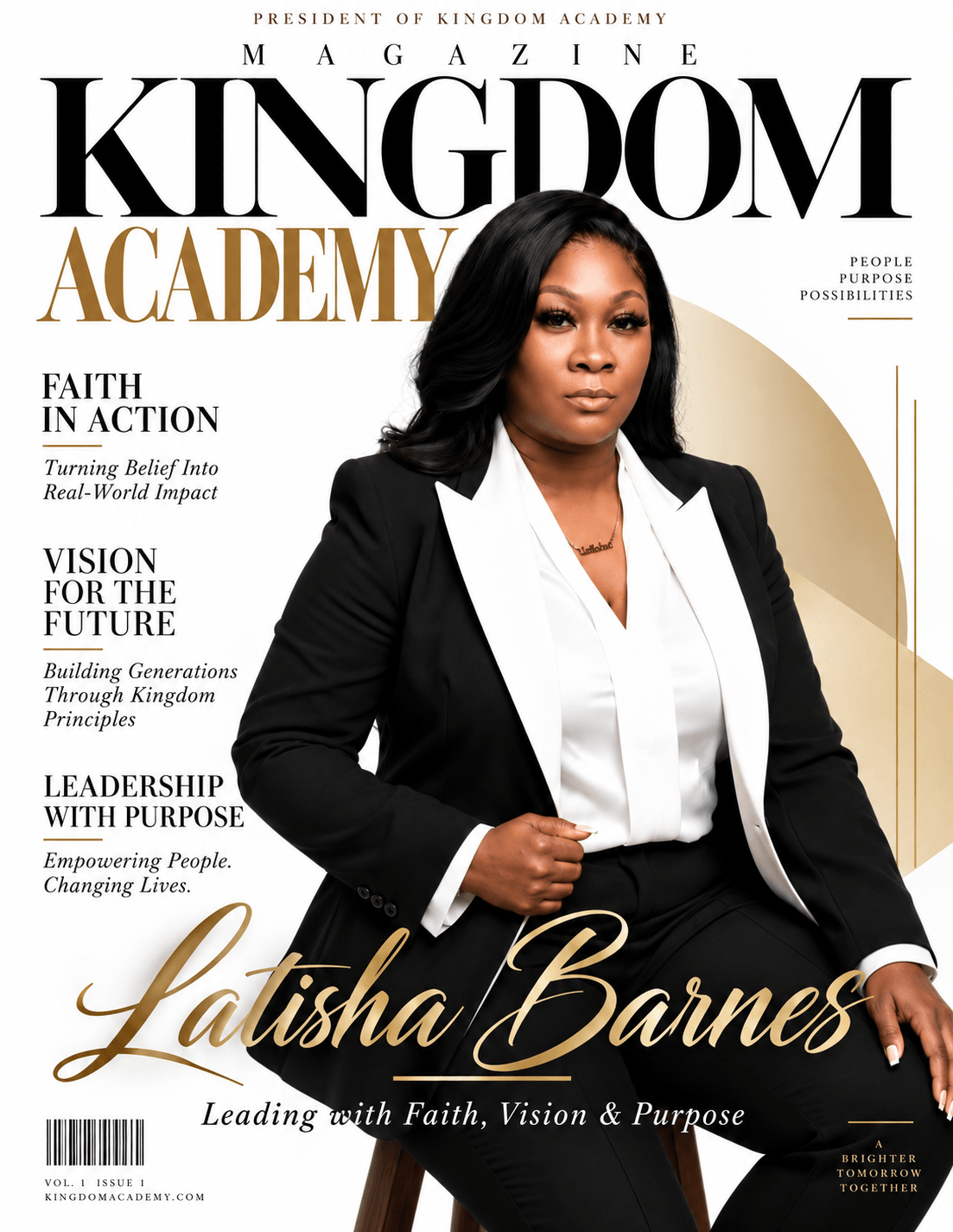 Woman in black blazer sitting, magazine cover with title 'Kingdom Academy' and her name 'Latisha Barnes'.