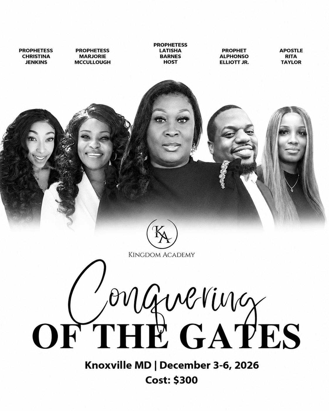 Group of five diverse women and one man, all smiling, with text about conquering gates, event details, and cost.