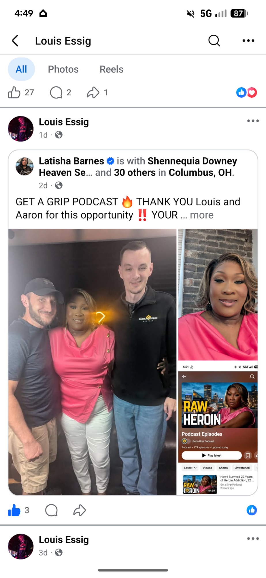 Three people standing outdoors, two men and one woman, with a social media post about a podcast and heroin awareness.
