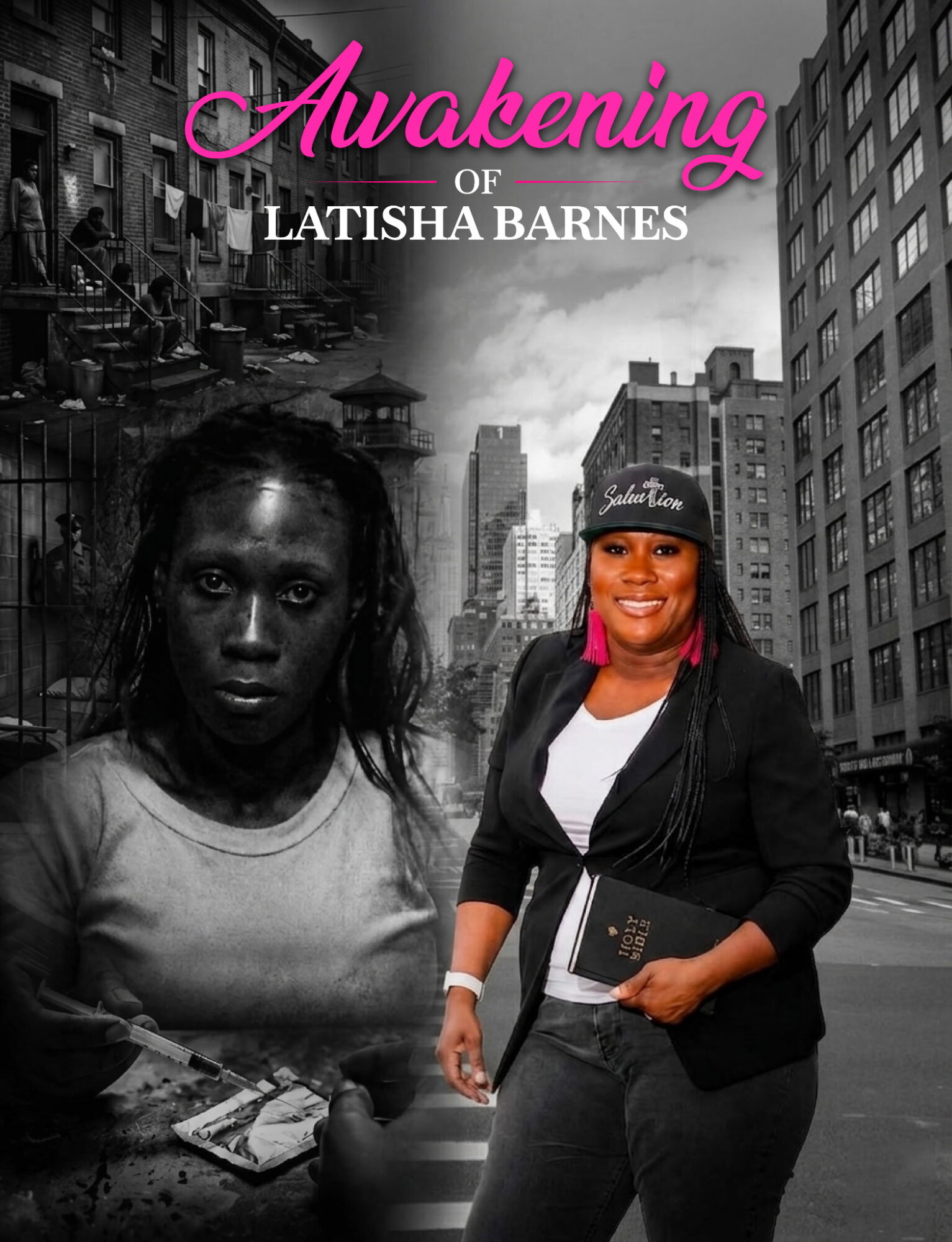 Book cover with a black-and-white city street background, featuring a smiling woman holding a book and a large black-and-white portrait of a girl.