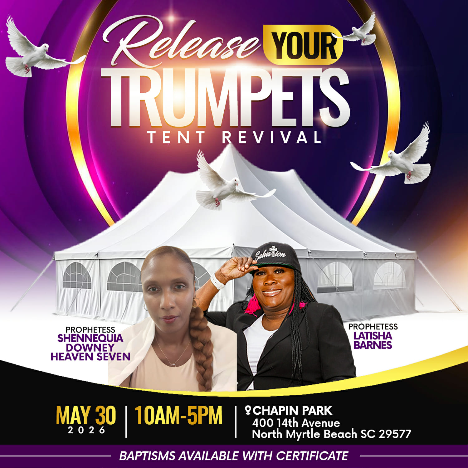 Two women standing in front of a tent at an event promoting trumpet release and revival, with white doves flying above.