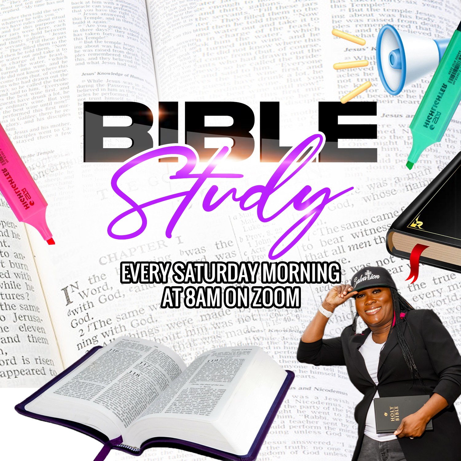 Open Bible with study tools and a woman smiling, promoting Saturday morning Bible study on Zoom, 20 words.