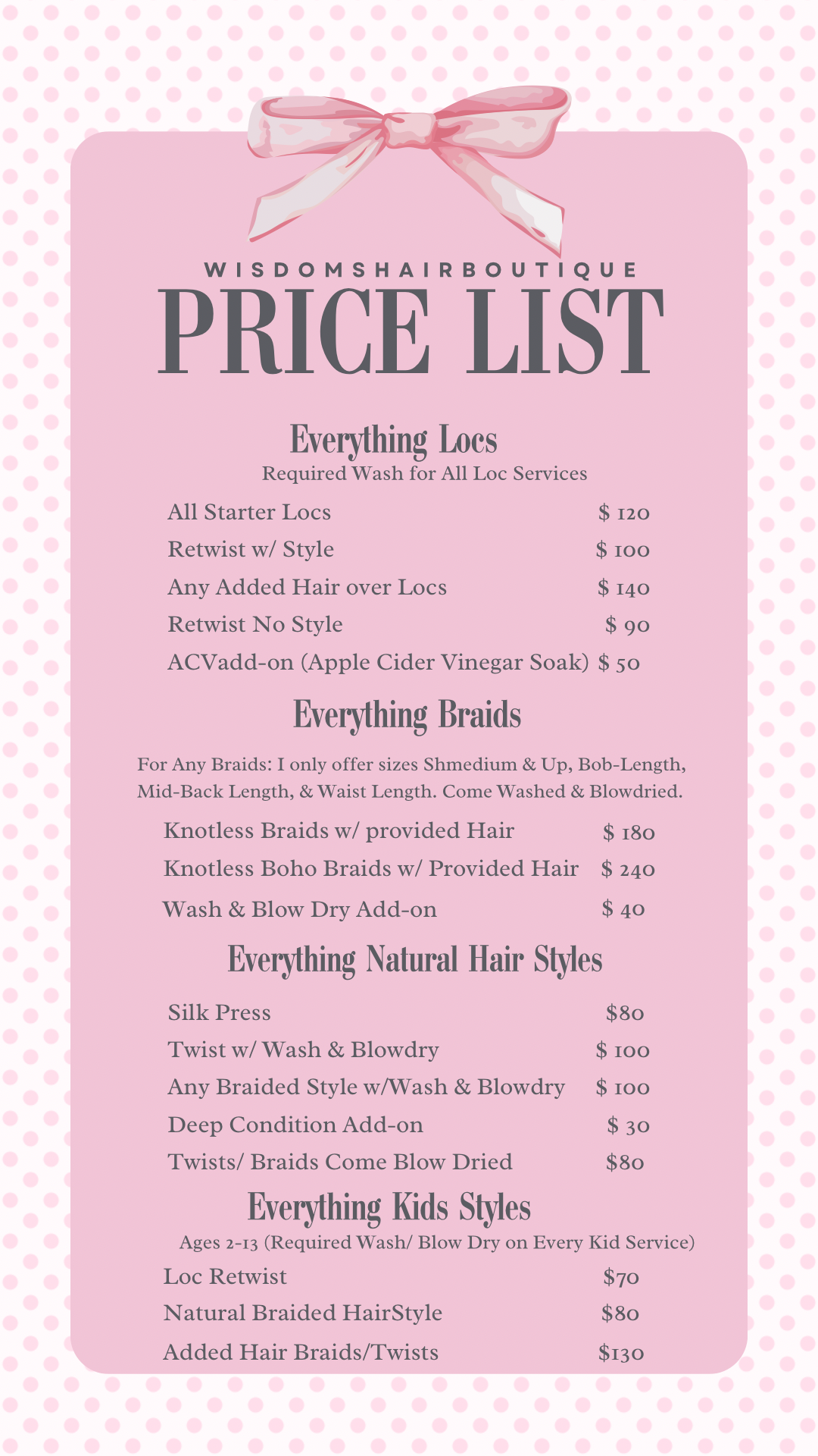 Pink gift card with a bow, displaying price list for hair services, including cuts, colors, and styles, with prices listed.