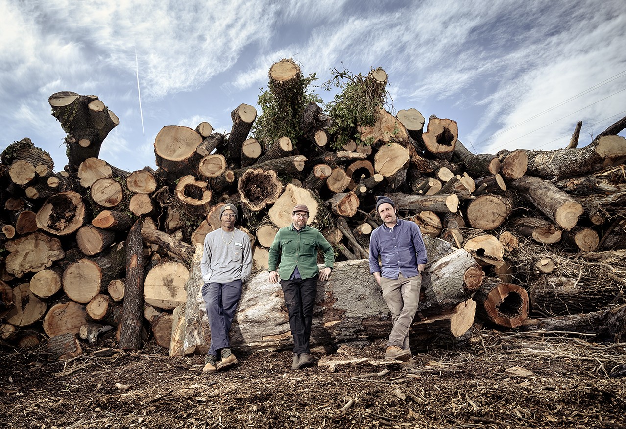 Three people stand in front of a large pile of cut logs outdoors, with a partly cloudy sky above.