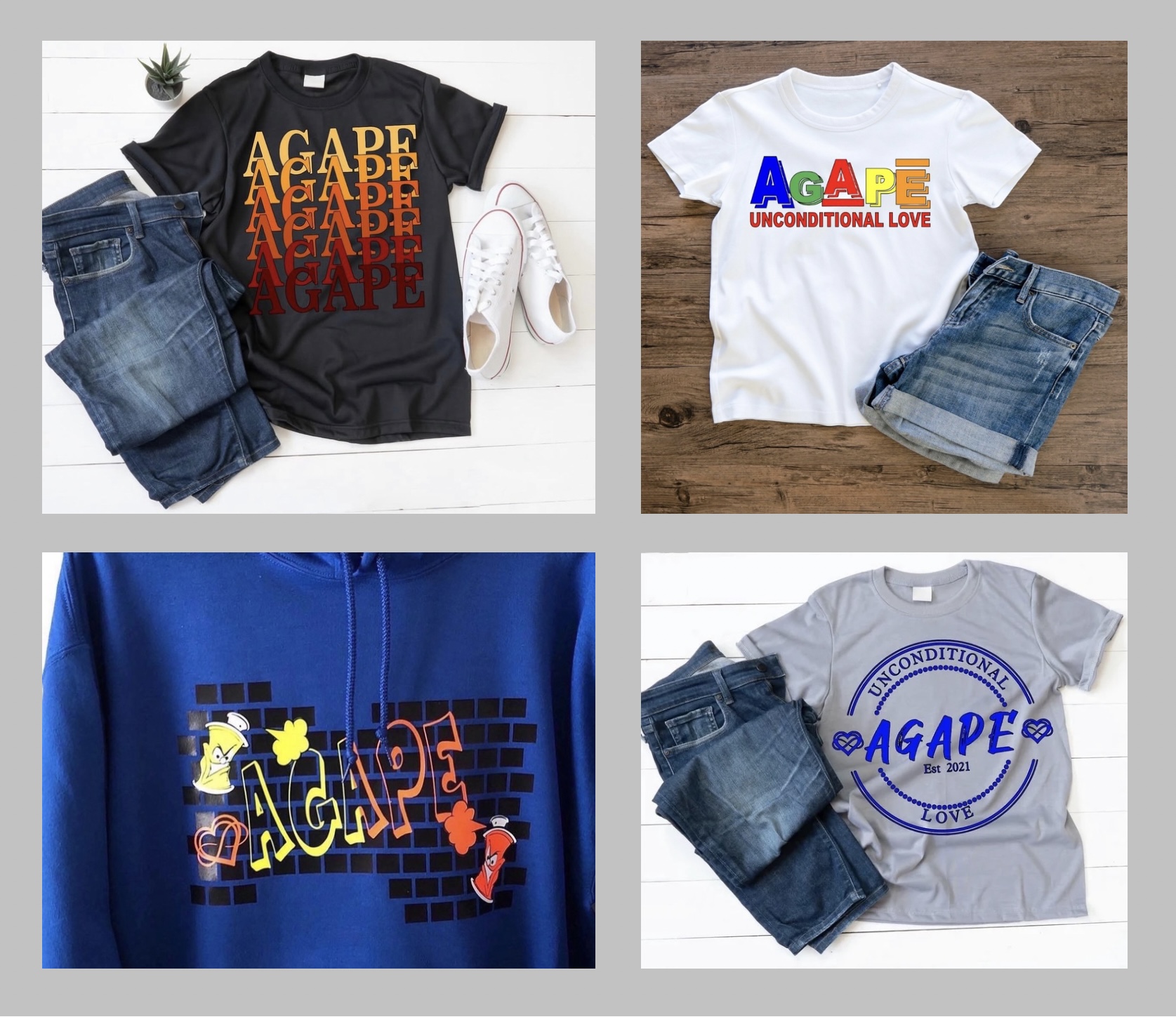 Four T-shirts with colorful text and graphics, paired with jeans, displayed on different backgrounds.