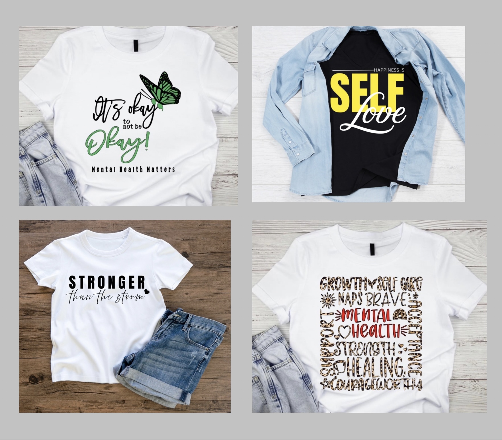 Four T-shirts with various designs and texts, laid flat on different backgrounds.