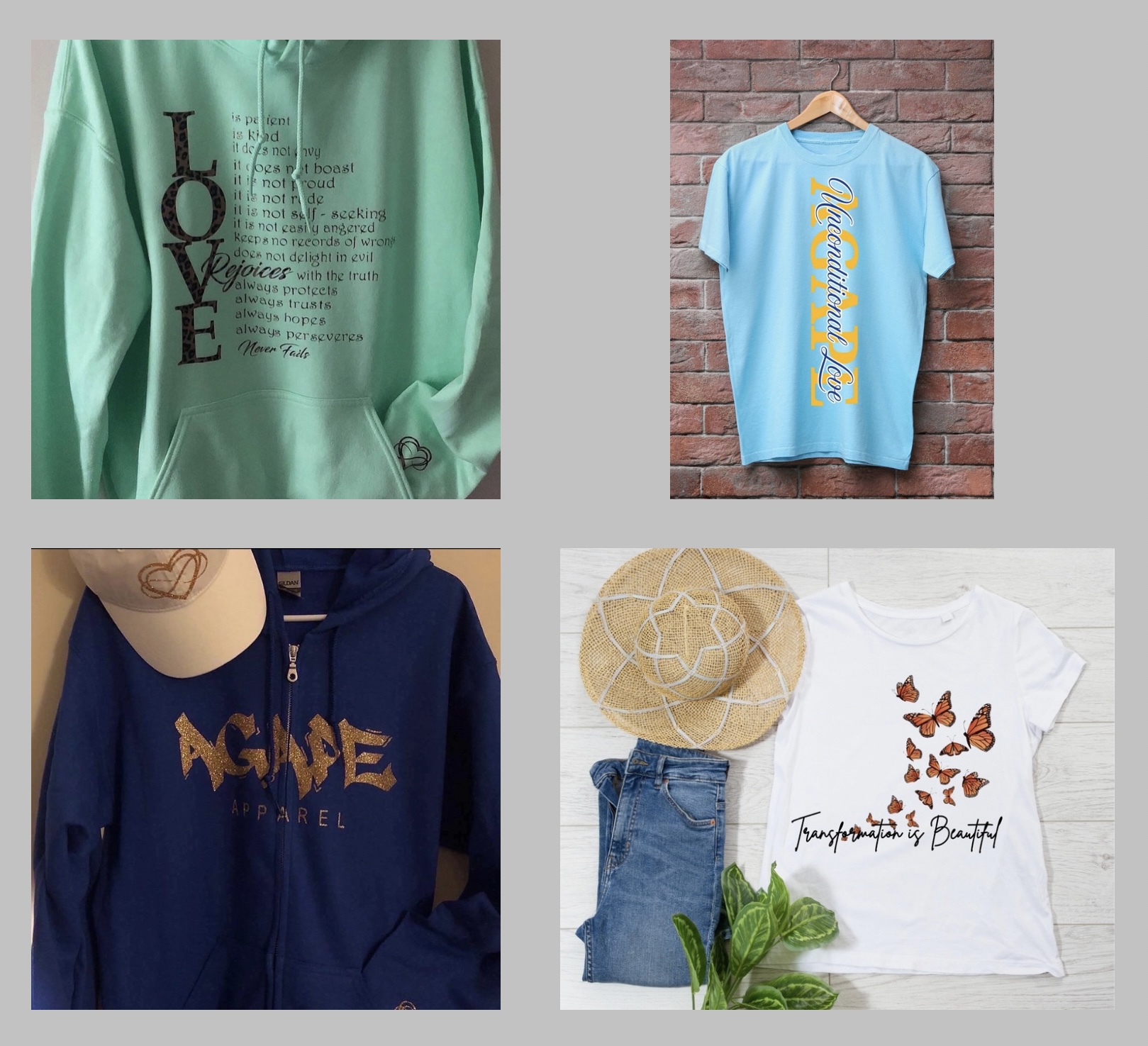 Four images: green fabric with text, blue T-shirt hanging on brick wall, navy hoodie with text, white T-shirt with butterflies and text, straw hat, jeans, and plant.