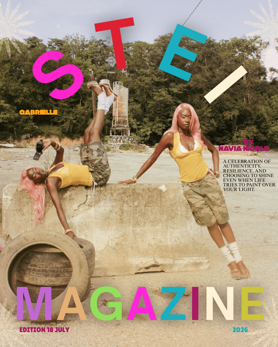Group of people outdoors with colorful letters spelling 'STE' and 'MAGAZINE' above and below them.