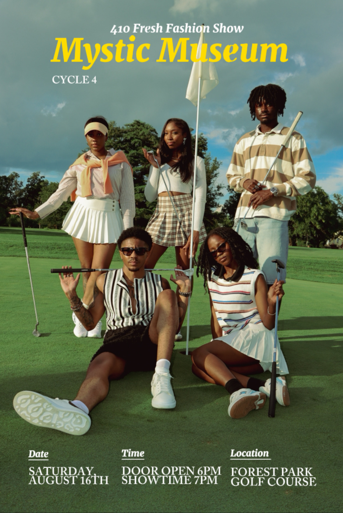 Group of five people on a golf course holding flags, with trees and sky in background, promoting Mystic Museum fashion show.