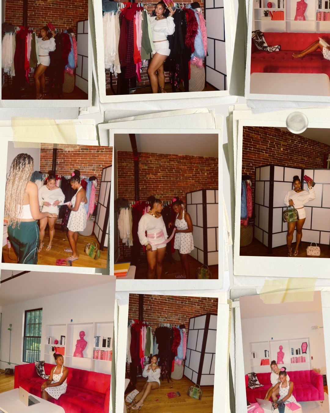 Group of people shopping and socializing in a store with brick walls and clothing displays.