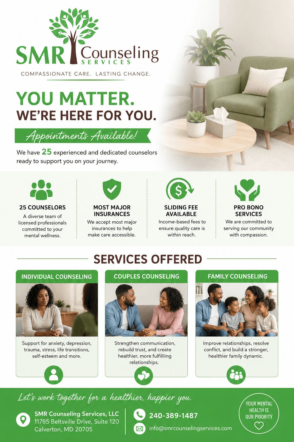 Counseling center logo with green tree, text about support services, and images of people in counseling sessions.